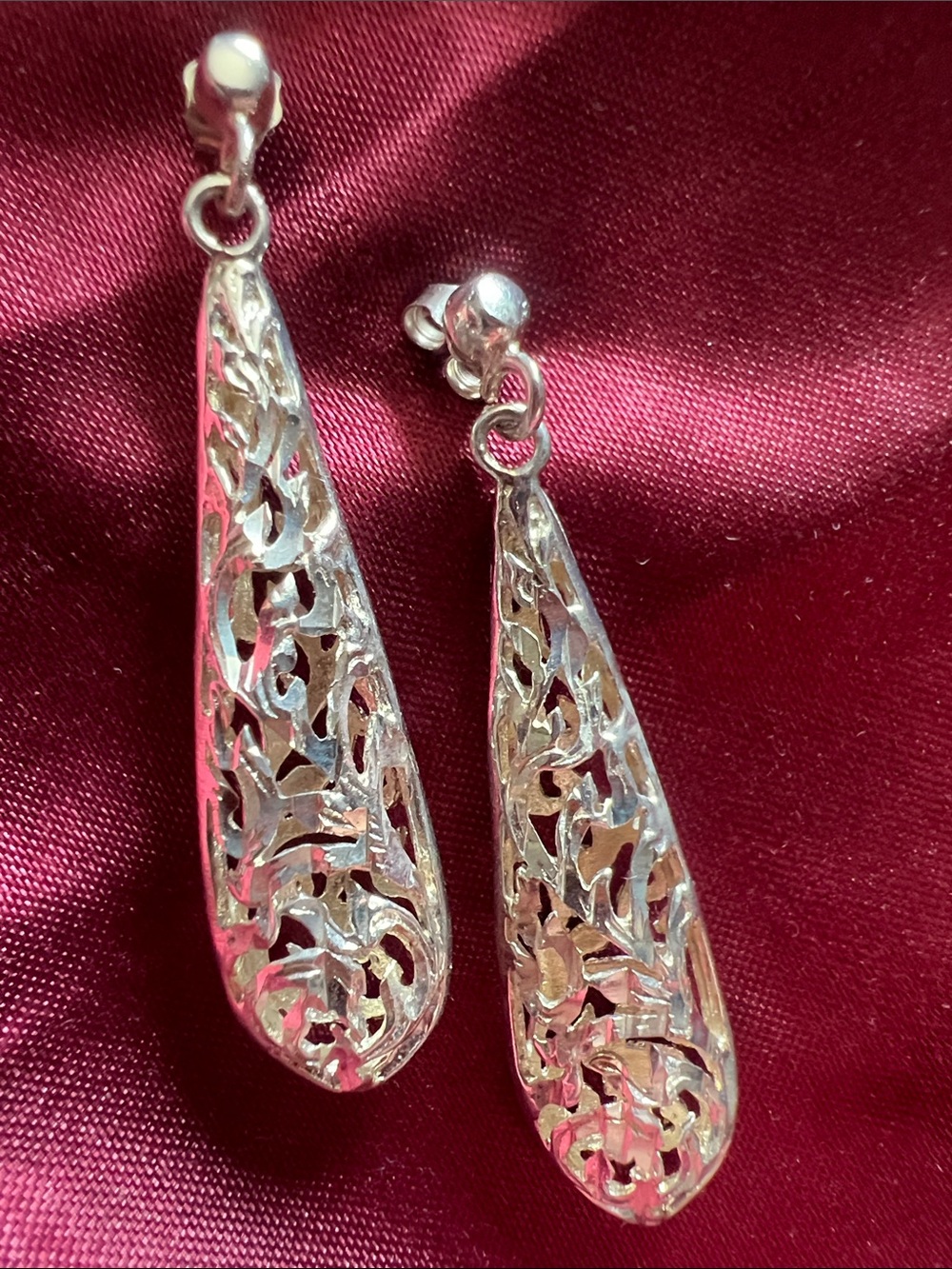 Sterling Silver 925 Diamond Cut Puffed Filigree Drop Earrings Made in Turkey